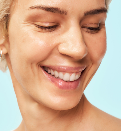 Close-up of SKINVIVE™ patient Petra’s face, with her skin looking smooth and radiant.