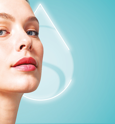 Headshot of SKINVIVE™ patient Anna smiling joyfully, with a glowing droplet in the background.